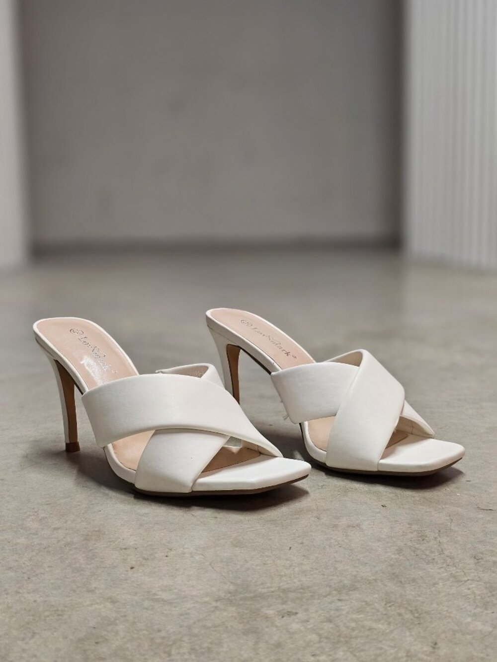 White Cross Strap Stiletto Heel Mules With Square Toe Design For Women